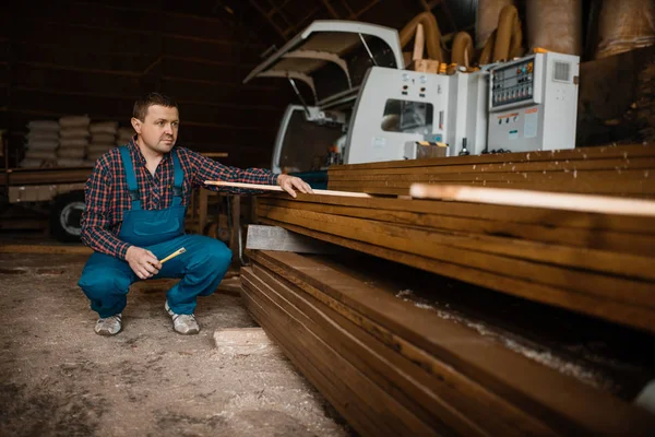 Carpenter Uniform His Workplace Sawmill Woodworking Machine Background Lumber Industry — ストック写真