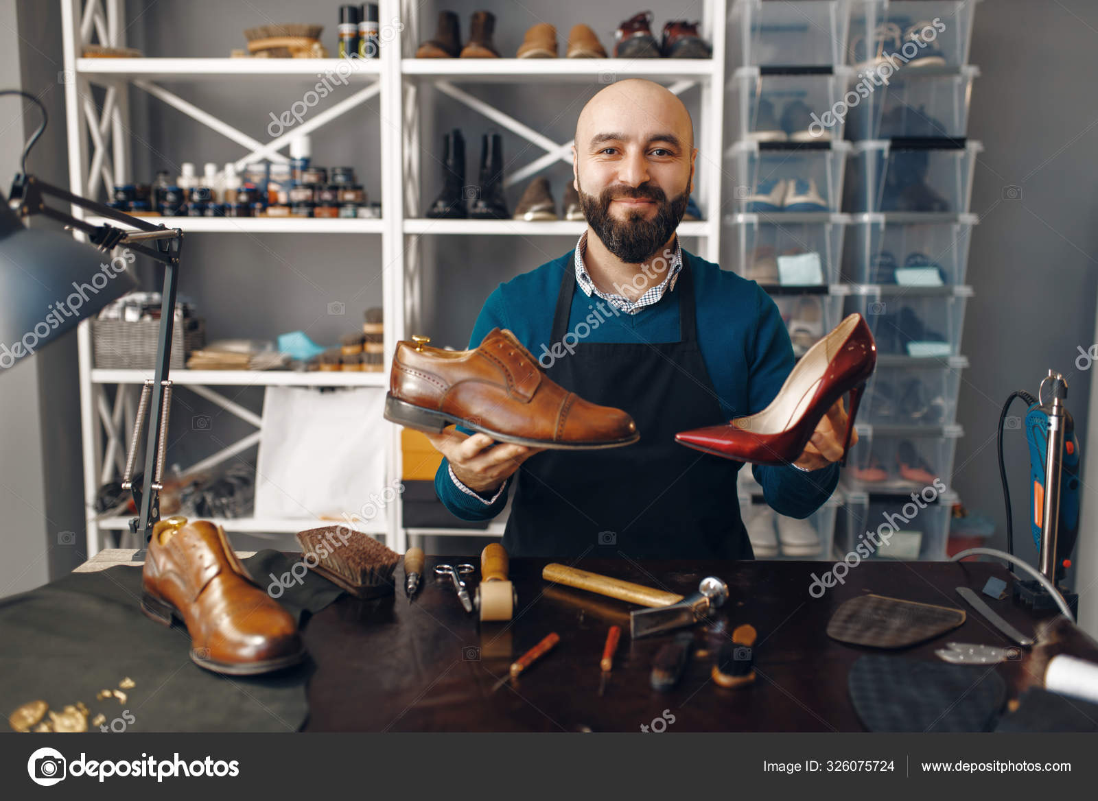 Bootmaker Shows Repaired Shoes Footwear Repair Service Craftsman