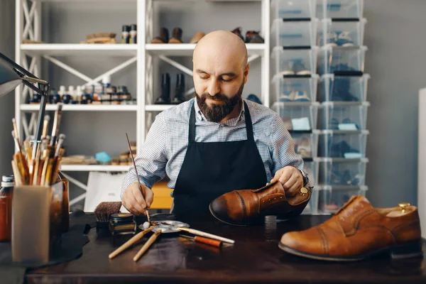 Bootmaker Brush Tints Shoes Footwear Repair Service Craftsman Skill Shoemaking — Stock Photo, Image