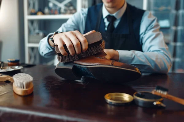 Shoemaker Wipes Black Shoe Polish Footwear Repair Service Craftsman Skill — Stock Photo, Image