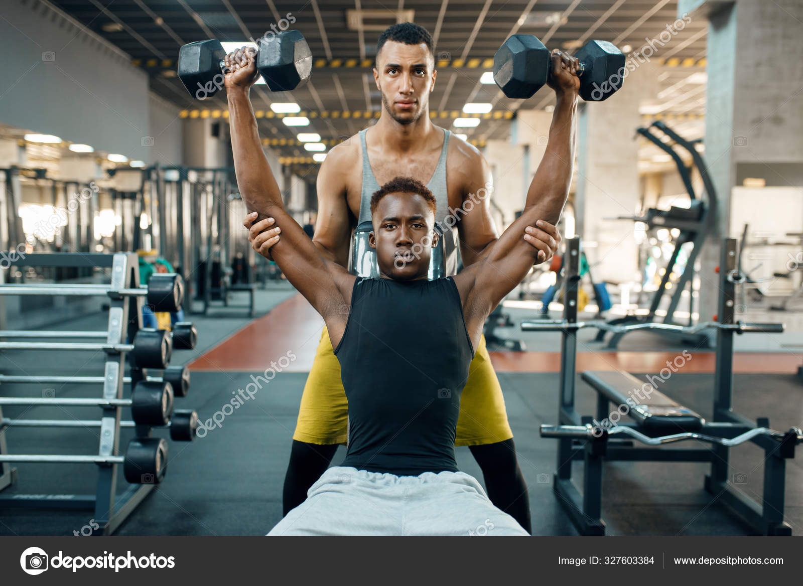 Two Men Doing Exercise Dumbbells Bench Training Gym Fit Workout Stock Photo Nomadsoul1 327603384