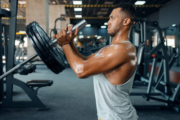 Deportista Muscular Ropa Deportiva Haciendo Ejercicio Con Barra Entrenamiento Gimnasio — Foto de Stock