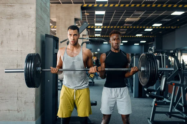 Two Muscular Men Poses Heavy Barbell Training Gym Workout Sport — Stock Photo, Image