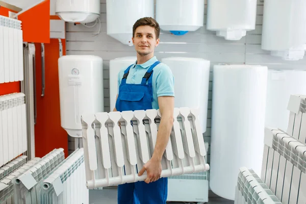 Plumber Uniform Holds Water Heating Radiator Plumbering Store Man Buying — Stock Photo, Image