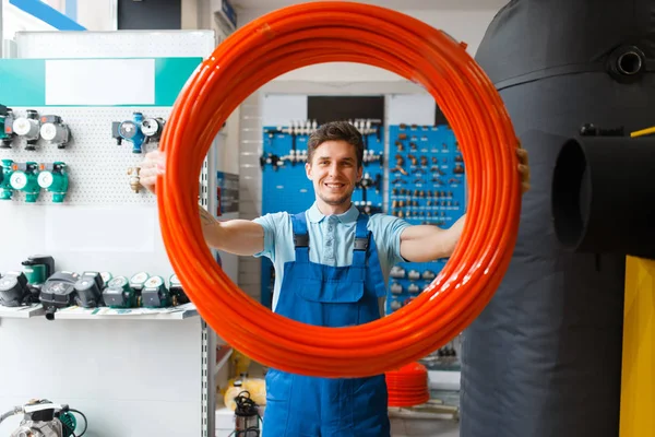 Plumber Uniform Holds Pipe Roll Plumbering Store Man Buying Sanitary — Stock Photo, Image
