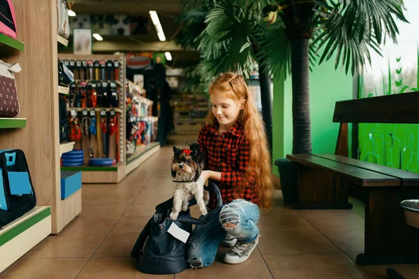 Klein Meisje Stopt Haar Puppy Een Tas Dierenwinkel Kinderspullen Kopen — Stockfoto