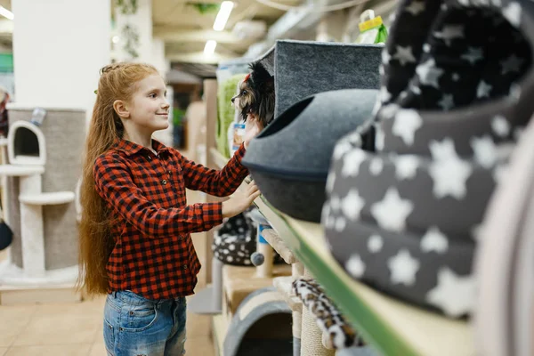 Little Girl Choosing Dog House Her Puppy Pet Store Child — ストック写真