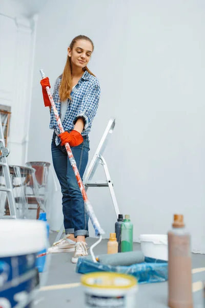 Female House Painter Paint Roller Home Repair Laughing Woman Doing — Stock Photo, Image