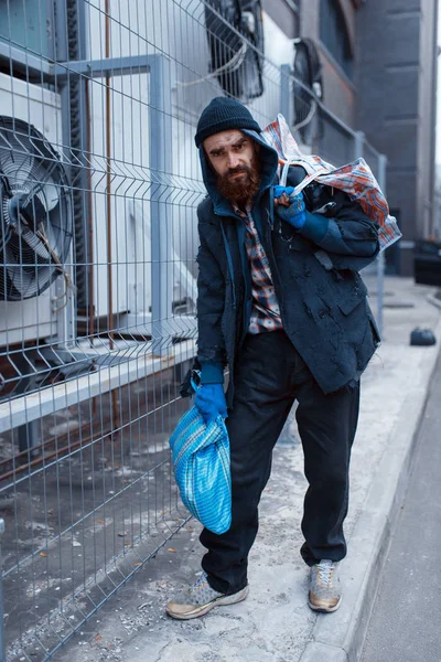 Male Bearded Beggar Bag City Street Poverty Social Problem Homelessness — Stock Photo, Image