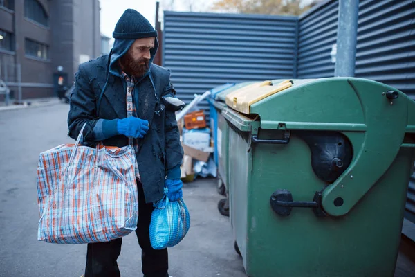 Male Bearded Beggar Searching Food Trashcan City Street Poverty Social — Stock Photo, Image