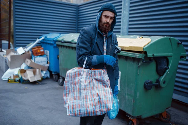 Male Bearded Beggar Searching Food Trashcan City Street Poverty Social — Stock Photo, Image