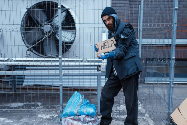 Homem Mendigo Ajuda Assinar Rua Cidade Pobreza Problema Social Falta — Fotografia de Stock