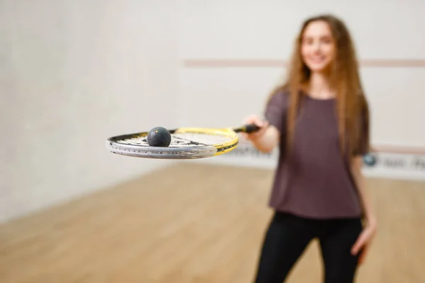 Female Person Shows Squash Racket Ball Girl Game Training Active — Stok fotoğraf