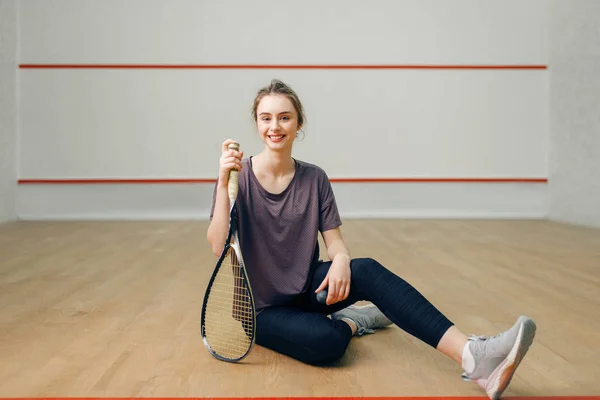 Női Játékos Squash Ütő Padlón Lány Játék Edzés Aktív Sport — Stock Fotó