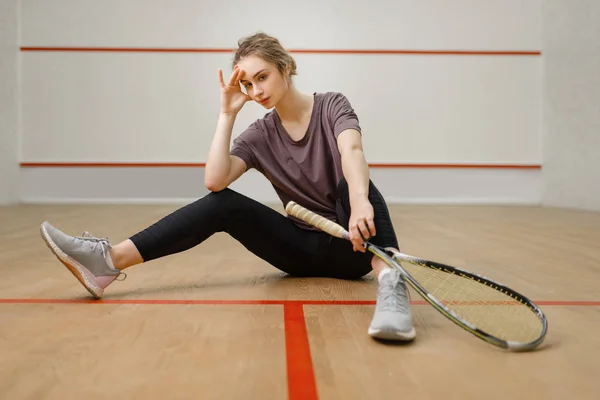Female Player Squash Racket Sitting Floor Girl Game Training Active — Stok fotoğraf