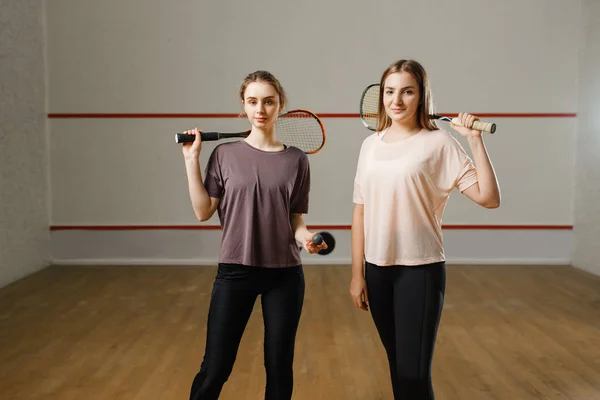 Two Female Players Shows Squash Rackets Girls Training Active Sport — 스톡 사진