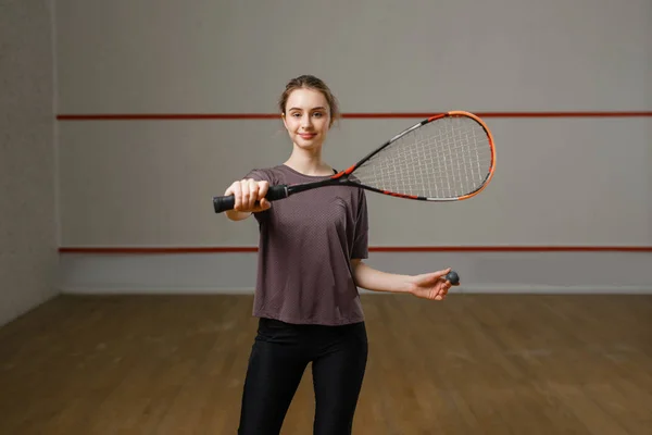 Female Player Shows Squash Racket Court Girl Game Training Active — Stok fotoğraf