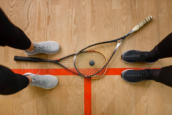 Two Female Players Legs Squash Rackets Top View Girls Training — Stock Photo, Image