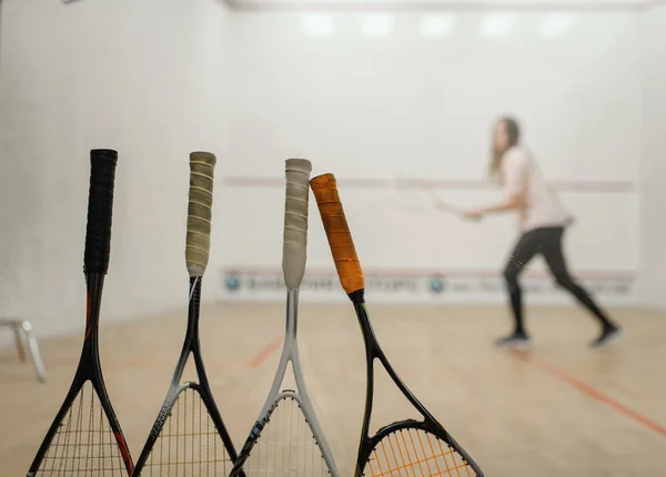 Squash Rackets Female Player Court Background Girl Game Training Active — Stock Photo, Image