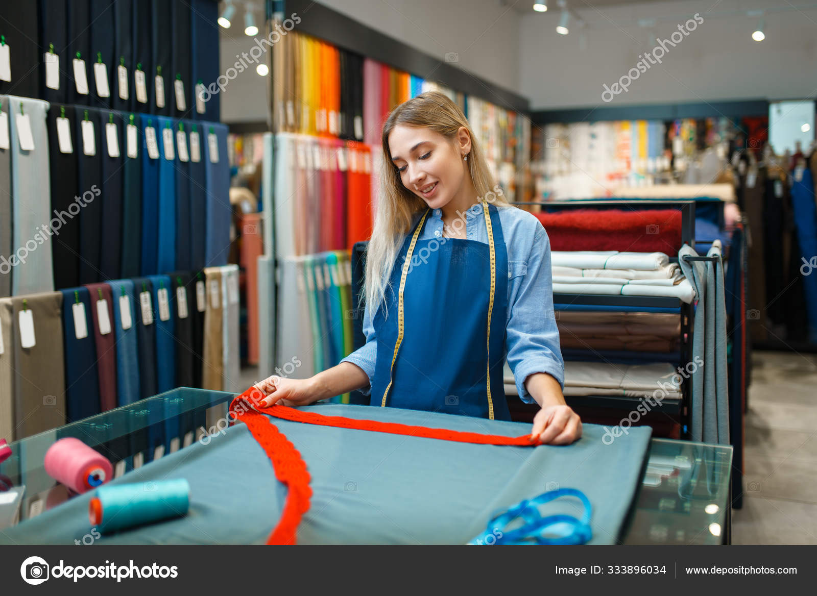Seamstress Tape Measures Fabric Closeup Textile Store Shelf Cloth