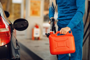 Female person filling canister on gas station, fuel refill. Petrol fueling, gasoline or diesel refuel service, petroleum refueling clipart