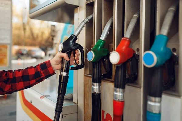 Male Worker Uniform Takes Gun Gas Station Fuel Filling Petrol — Stock Photo, Image