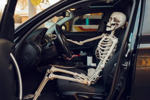 Human Skeleton Car Opened Door Fueling Gas Station Fuel Refill — 스톡 사진