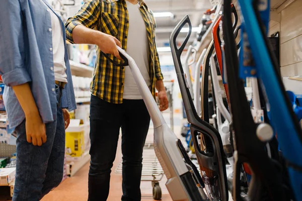 Male Person Hand Holds Vacuum Cleaner Electronics Store Man Buying — Stok fotoğraf