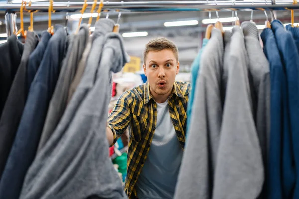 Young Man Choosing Bathrobe Bed Linen Store Male Person Buying — Stock Photo, Image