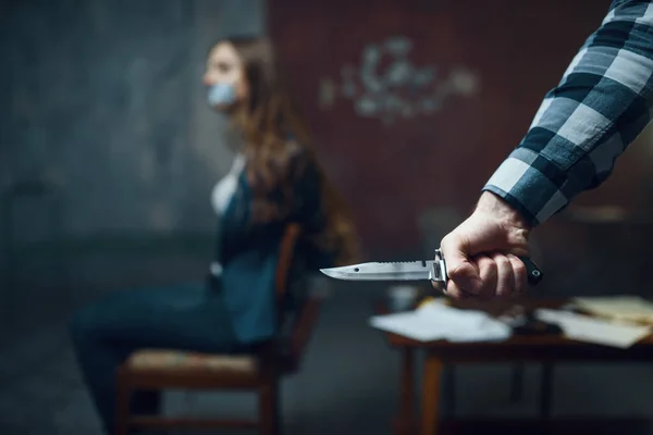 Maniac Kidnapper Knife Scared Female Victim Background Kidnapping Serious Crime — Stock Photo, Image