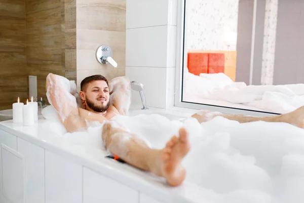 Man Lying Bath Foam Morning Male Person Relax Bathroom Skin — Stock Photo, Image