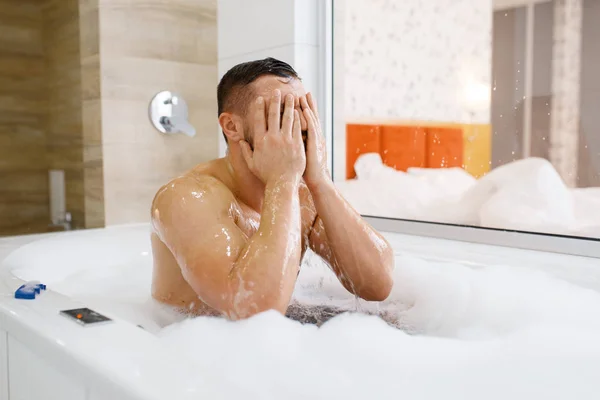 Man Washes Face Bath Foam Morning Hygiene Male Person Resting — Stock Photo, Image