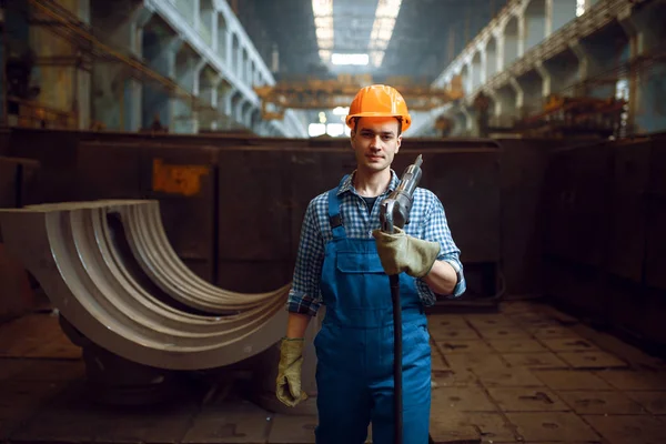 Male Worker Uniform Helmet Holds Pneumatic Jackhammer Factory Metalworking Industry — Stock Photo, Image