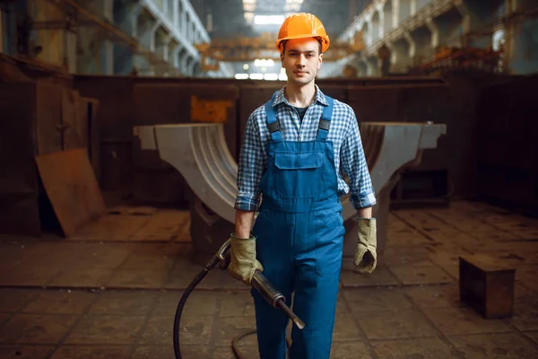 Male Worker Uniform Helmet Holds Pneumatic Jackhammer Factory Metalworking Industry — Stock Photo, Image