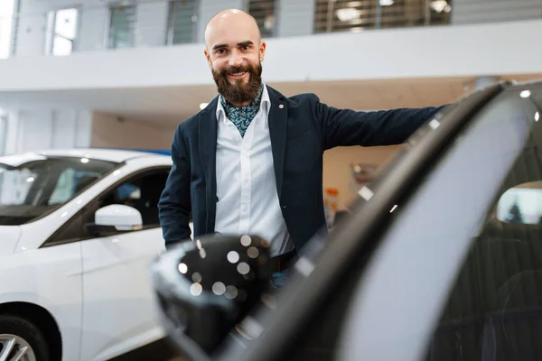 Businessman Choosing Transport Car Dealership Customer New Vehicle Showroom Male — Stock Photo, Image