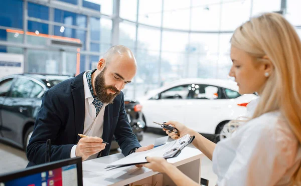 Man Signs Contract Buy New Auto Car Dealership Customer Saleswoman — Stock Photo, Image