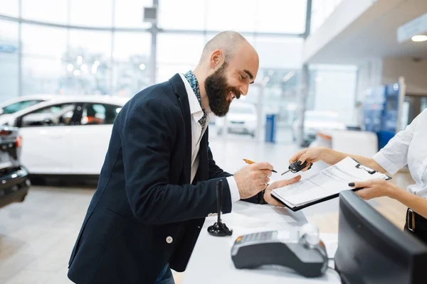 Man Signs Contract Buy New Auto Car Dealership Customer Saleswoman — Stock Photo, Image