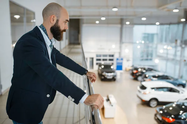 Happy Businessman Poses Car Dealership Customer New Vehicle Showroom Male — Stock Photo, Image