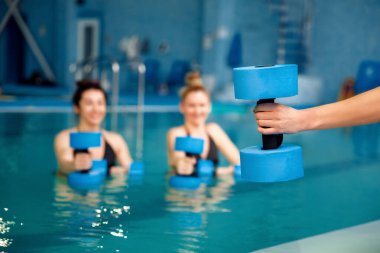Kadın yüzücüler, grup su aerobiği, havuzda halterli egzersiz. Sudaki kadınlar, spor yüzme eğitimi.