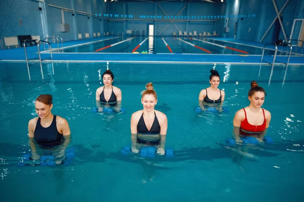 Gruppo Nuotatrici Acquagym Allenamento Con Manubri Piscina Donne Acqua Sport — Foto Stock