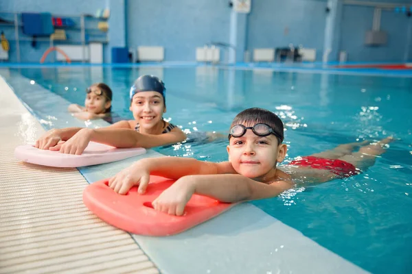 Grupa Pływacka Dla Dzieci Pozuje Przy Basenie Dzieci Uczą Się — Zdjęcie stockowe