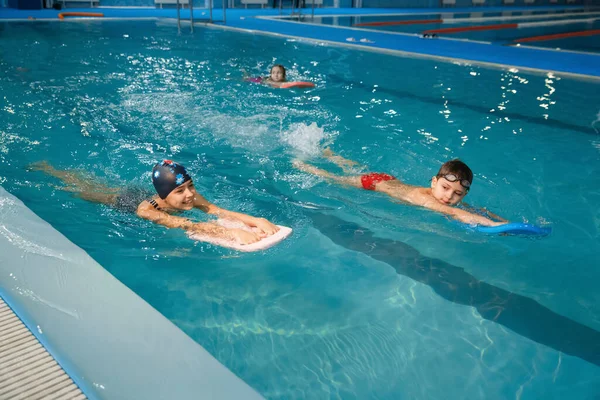 Children Swimming Group Workout Pool Kids Learns Swim Water Sport — Stock Photo, Image