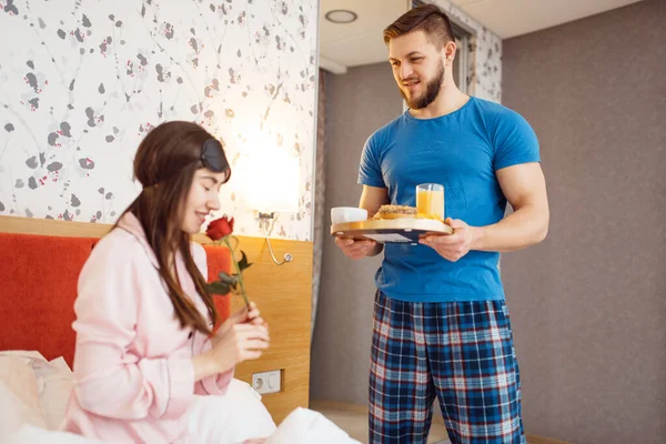 Romantic Love Couple Breakfast Bed Home Good Morning Harmonious Relationship — Stock Photo, Image