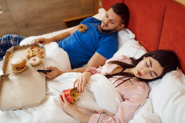 Couple Eating Bed Bad Relationship Problems Family Quarrel Conflict Married — Stock Photo, Image