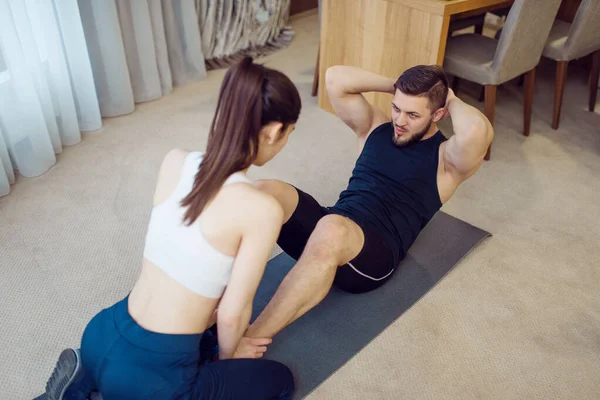 Treinamento Ajuste Matutino Casal Casa Homem Ativo Mulher Sportswear Fazendo — Fotografia de Stock