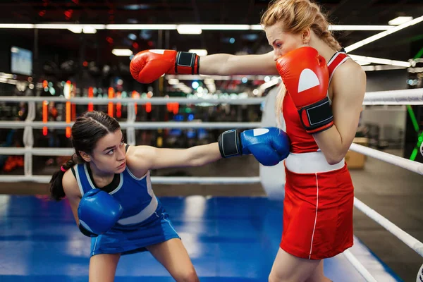 Mujeres Con Guantes Rojos Azules Boxeando Ring Entrenamiento Boxeo Boxeadores —  Fotos de Stock