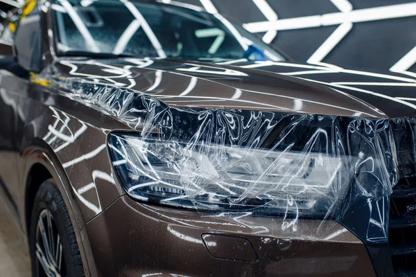 Filme Protecção Transparente Capô Carro Ninguém Instalação Revestimento Que Protege — Fotografia de Stock