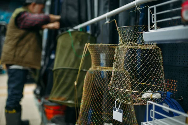 Male Angler Choosing Net Fishing Shop Hooks Baubles Background Equipment — Stock Photo, Image