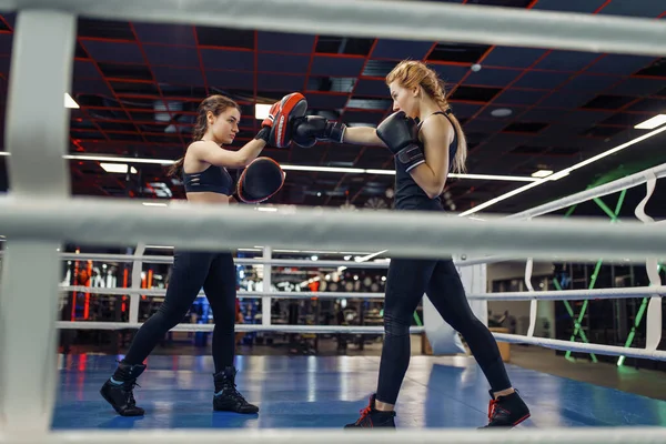 Dos Mujeres Con Guantes Boxeando Ring Entrenamiento Caja Boxeadoras Gimnasio —  Fotos de Stock