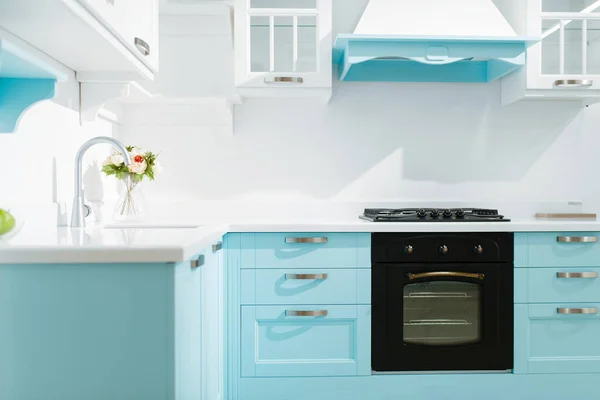 Luksusowe Wnętrze Kuchni Odcieniach Bieli Błękitu Nikt Nowoczesne Meble Domowe — Zdjęcie stockowe